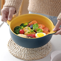 Nordic simple double-eared soup bowl household ceramic Japanese personalized salad bowl large anti-hot soup bowl creative instant noodle bowl