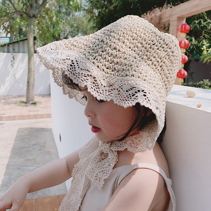 Handmade Children Hat Weave Fisherman Hat Spring Summer Girl Lace Lace Straw Hat 2-7 Year Old Sun Hat Parenting Hat