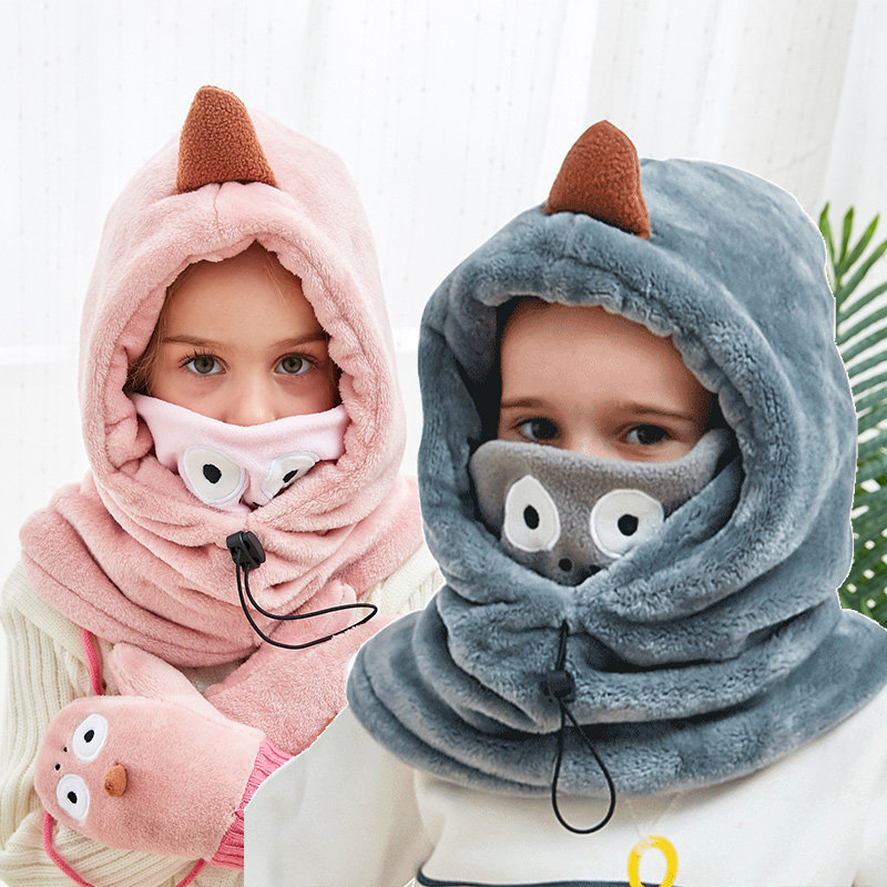 Children's hat autumn and winter three-dimensional scarf mask pullover cap warm and thick ear protection head plus velvet windproof cap 3 in 1