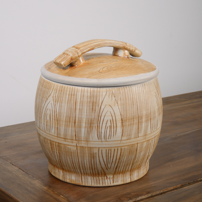 Jingdezhen ceramic barrel 10 jins 20 jins with cover 30 kg rice storage box imitation wood grain rice such as pot seal ricer box