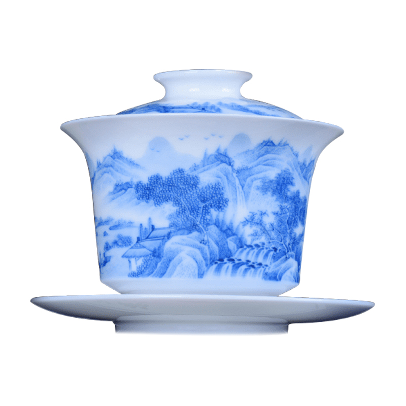 Three blue and white porcelain is jingdezhen blue and white landscape tureen heavy industry to use tea tureen large kung fu tea set by hand