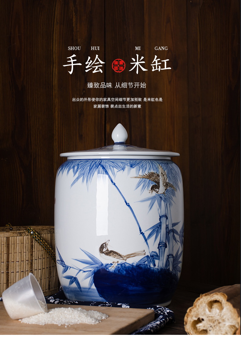 Jingdezhen hand - made ceramic barrel with cover old 25 kg blue and white flour bucket moistureproof insect - resistant kitchen ricer box