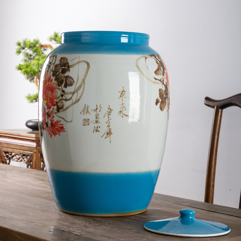 Jingdezhen hand - made ceramic barrel with cover with 25 kg, 50 kg kitchen ricer box moistureproof insect - resistant storage tank