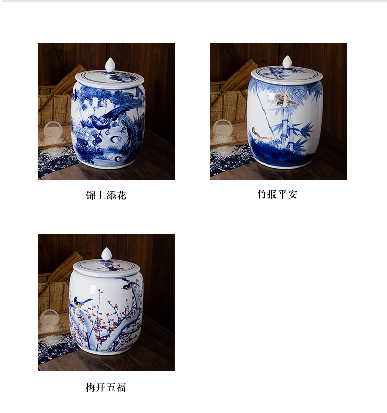 Jingdezhen hand - made ceramic barrel with cover old 25 kg blue and white flour bucket moistureproof insect - resistant kitchen ricer box