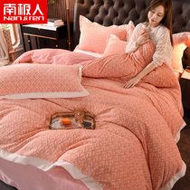 Antarctic Peoples Milk Suede Four Pieces Sleeve 3D Solid Cut Flowers Light Extravagant Kit Warm Quilt Cover Bed Linen Coral Suede Winter