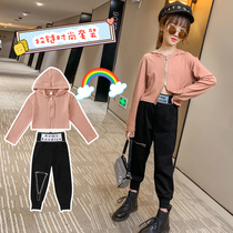 Girls Spring and Autumn Dress 2021 New Korean version of the big childrens slim zipper jacket pants two-piece set