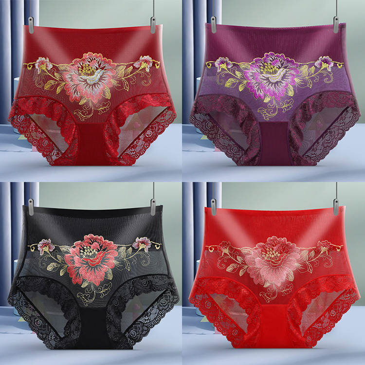 High-Waisted Sexy Lace Panties for Women, Tummy Control, Butt-Lifting, Breathable, Embroidered Mesh, Hollow-Out, Antibacterial, Pure Cotton Crotch Briefs
