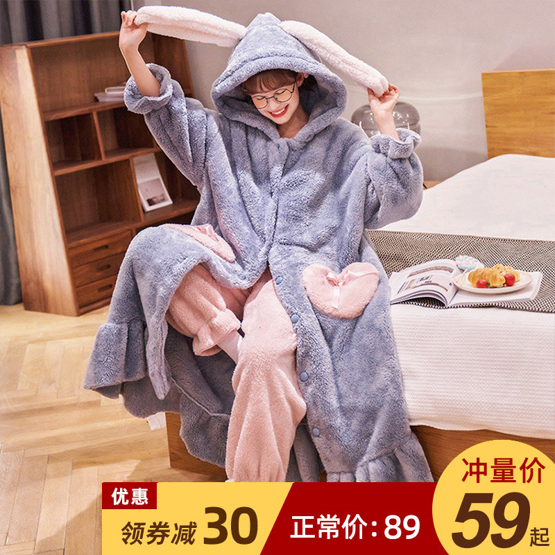 Coral velvet pyjamas for women in autumn and winter cute plush and thickened bathrobe nightgown long flannel loungewear set