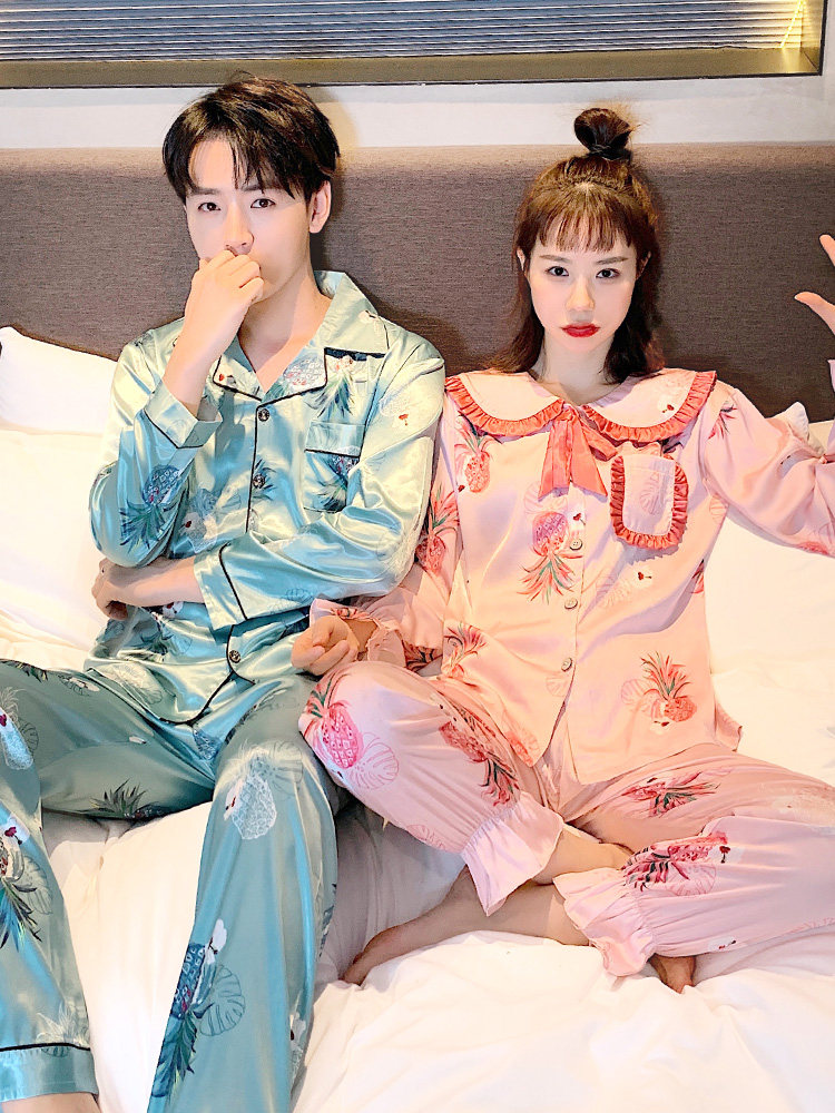 ins tide season couple pajamas female summer Korean version cartoon ice silk long-sleeved spring and autumn silk pajamas men's home clothes