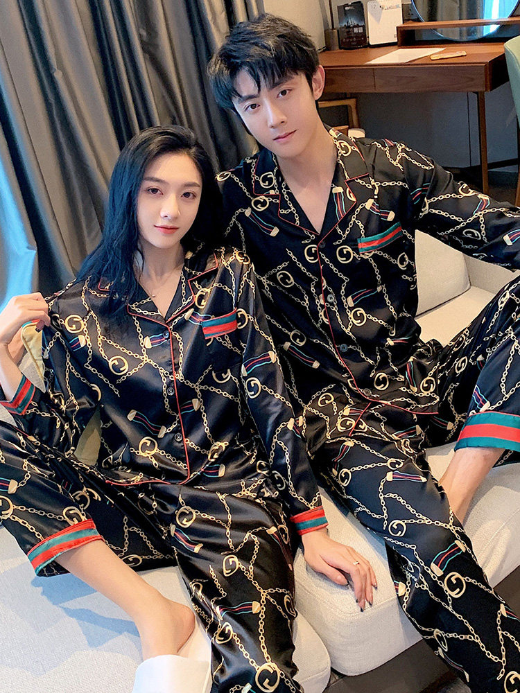 Couple pajamas female 2021 new spring and autumn thin silk pajamas men long sleeve suit Ice Silk home clothes summer