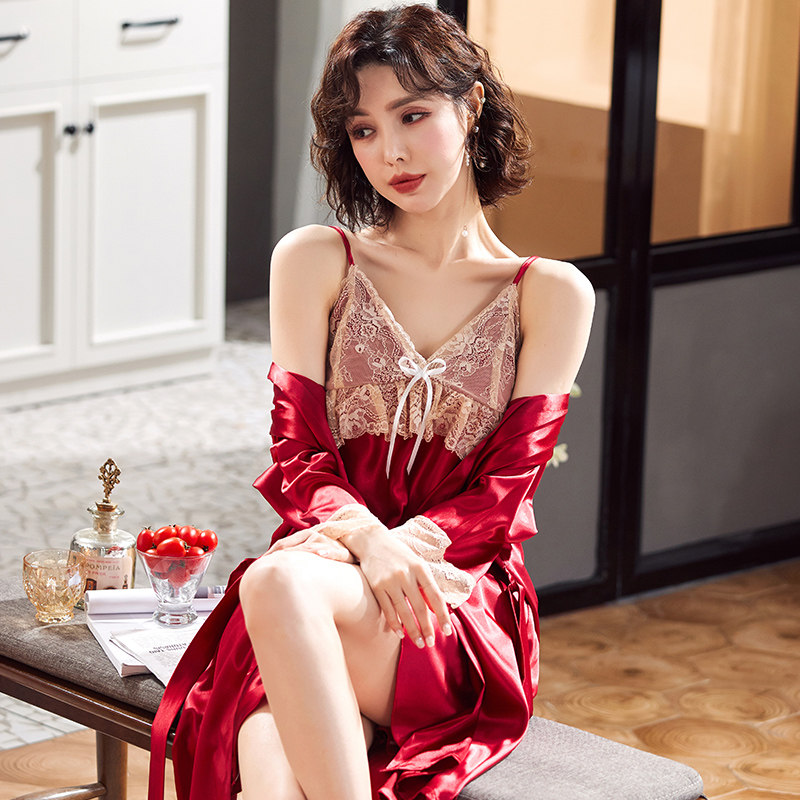 Spring and autumn sexy red silk nightgown ice silk nightgown women 2021 new with chest pad condole belt nightgown two-piece set