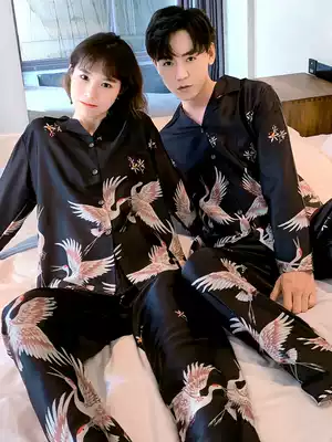 Korean version of the couple pajamas long-sleeved silk spring and autumn ice silk pajamas men's home clothes Crane women's suit summer