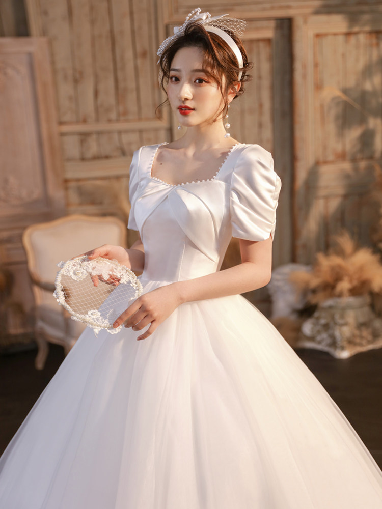 Satin wedding dress pregnant bride high waist and shade wedding dress 2022 new temperament shading arm simple little