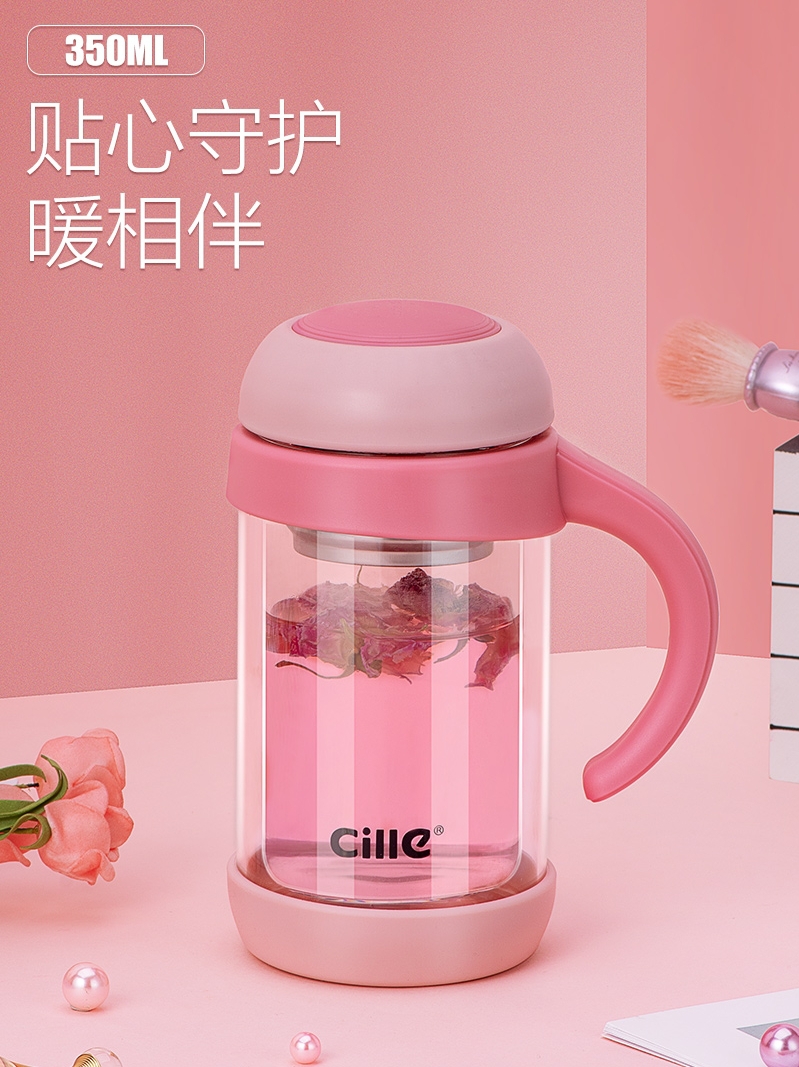 Xile ins glass double-layer portable water cup with handle Women's simple and cute office bubble tea cup