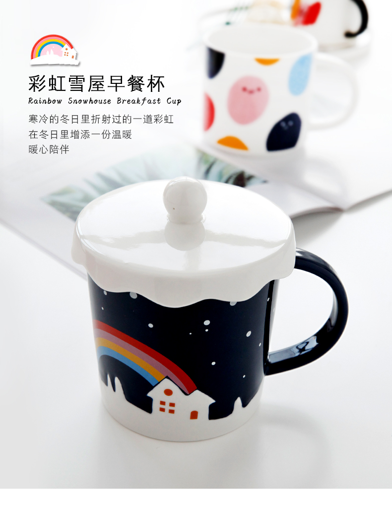 Creative move ceramic keller cup with cover trend of drinking a cup of coffee cup men 's and women' s cereal breakfast cup