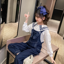 3 girls spring and autumn suit 4 foreign style 5 children 6 Korean version 7 fashionable little girl denim backpack two-piece set 8 years old