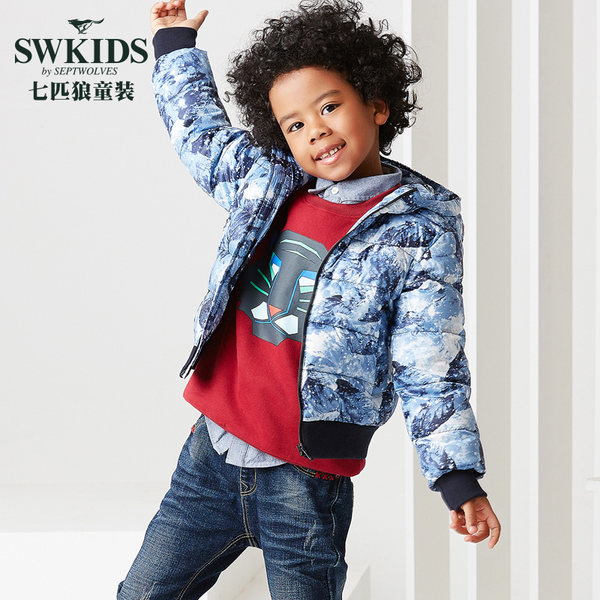 七匹狼童装 17年冬季新款 600蓬 星空迷彩连帽中大童羽绒服 优惠券折后￥169包邮（￥229-60）110~160码全