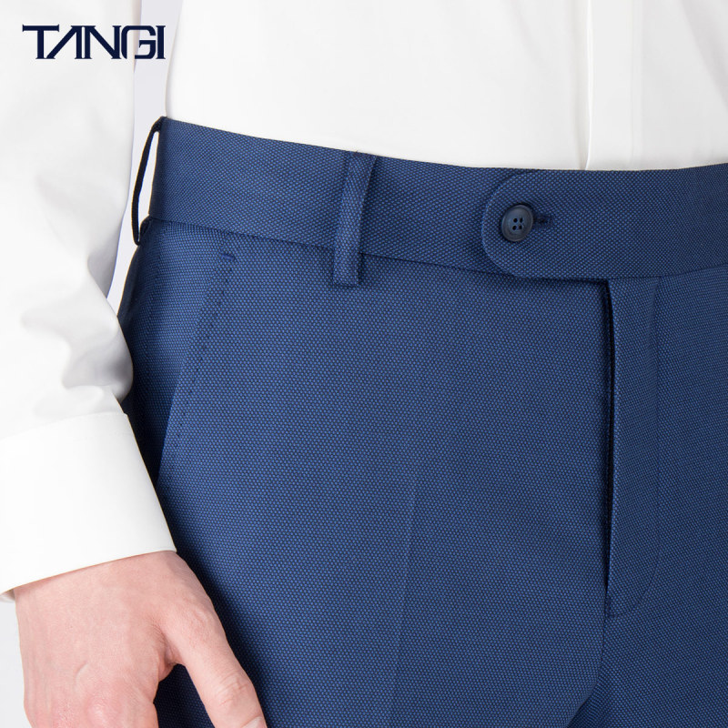 Tangji Men's Dark Blue Bird's Eye Pattern Trousers, Nine-Quarter Length, Non-Ironing Business Casual Suit Pants, Men's Long Pants for Spring and Summer