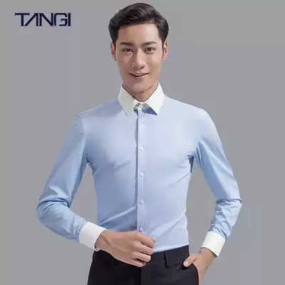 Tangji White Collar Blue shirt men long sleeve business slim fashion different color collar no ironing dress collar color shirt