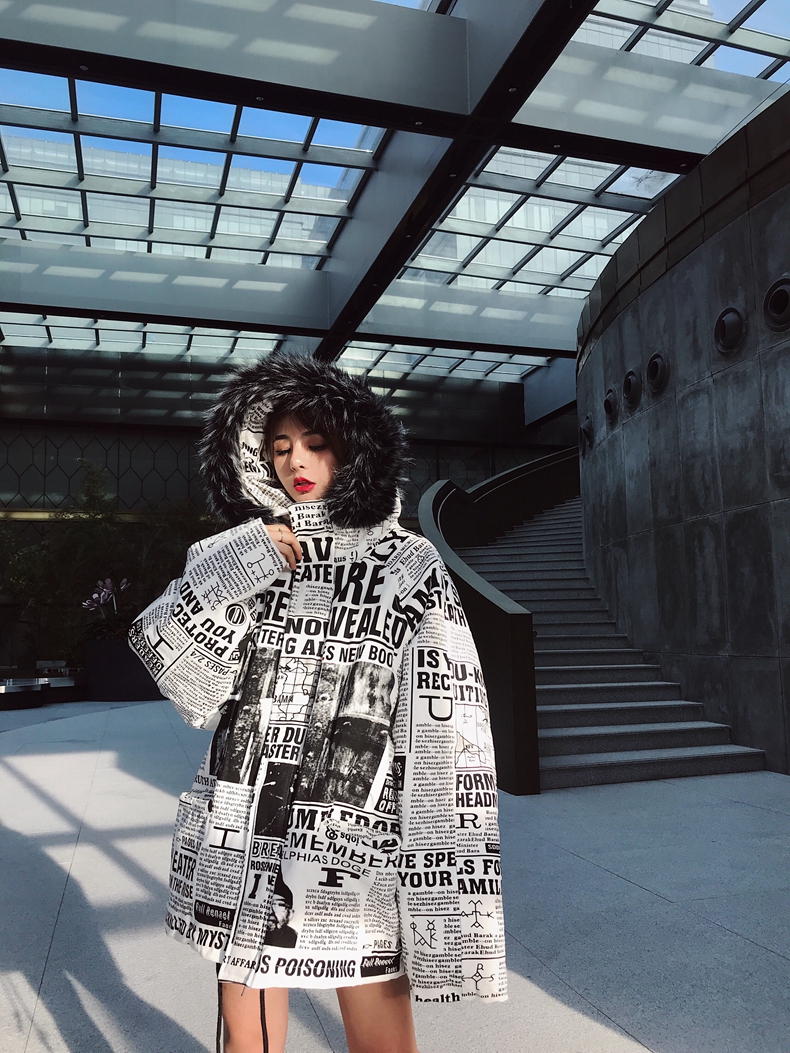 KING báo khắc núi khắc quần áo cotton thời trang đường phố cặp vợ chồng hip hop mùa đông oversize nam và nữ áo bông dài áo khoác nam kaki