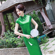 2021 autumn new vintage dress thin green fashion elegant split cheongsam old Shanghai cheongsam plus size