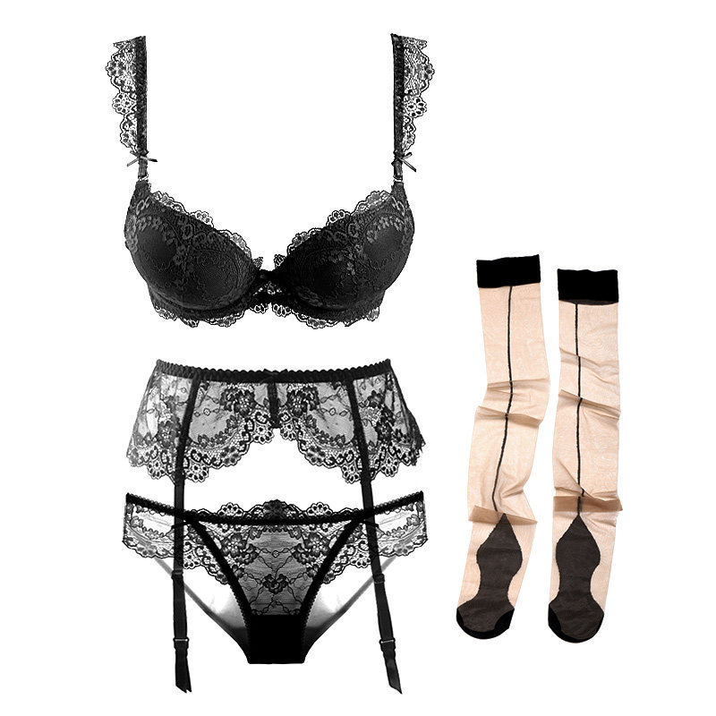 Sexy lace under thick on thin gathered underwear set(bra briefs garter stockings)