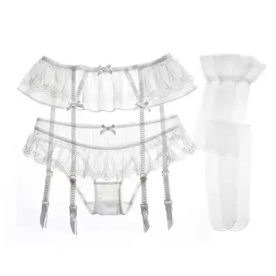 European and American large size white garter suit sexy lace underwear garter stockings three-piece set