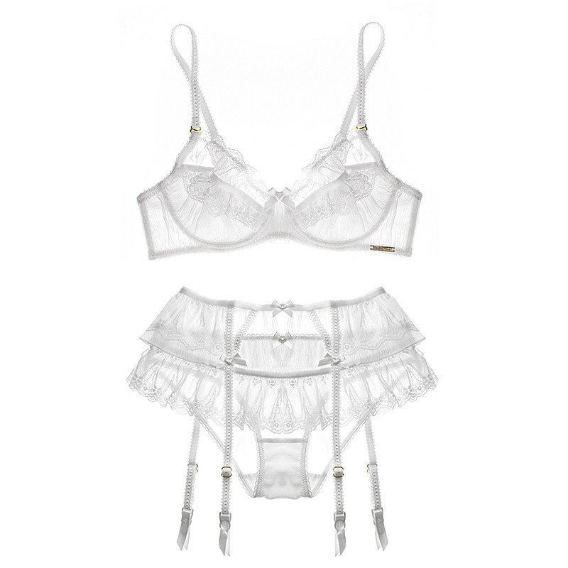 Thin cotton seduction underwear European and American retro female sexy lace cute set (bra underwear garter belt)