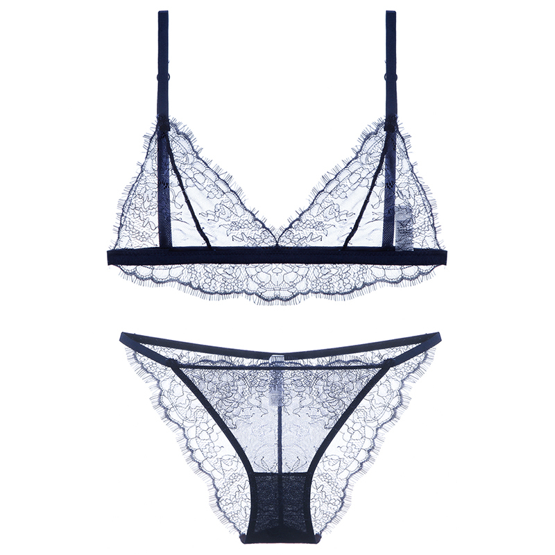French Ultra-Thin Lace-Edged Feminine Wireless See-Through Comfortable Bra Set with Transparent Triangle Cup Underwear