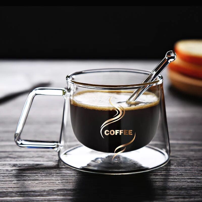 Double Layer Heat Resistant Coffee Cup With Lid Glass Flower Tea Cup Transparent Mark Cup Home Cappuccino Cup Ear Hanging Coffee