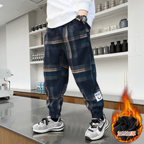 Boys plus velvet pants spring and autumn childrens lattice pants 2021 new medium and large childrens clothing casual sports pants autumn and winter