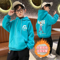 Boys sweaters autumn and winter style plus velvet padded childrens hooded shirt 2021 new middle and big childrens sweaters