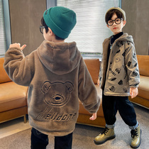 Childrens clothing boy jacket plus velvet thickened autumn and winter childrens wool sweater boys middle and big children lamb velvet winter New