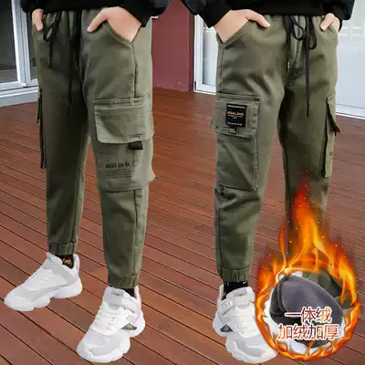 Children's clothing boy pants one-piece velvet overalls spring and autumn 2021 winter clothes middle and big children plus velvet padded casual pants