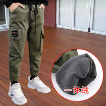  Childrens clothing boys  pants one-piece velvet autumn and winter 2021 autumn large childrens overalls plus velvet thickened casual pants