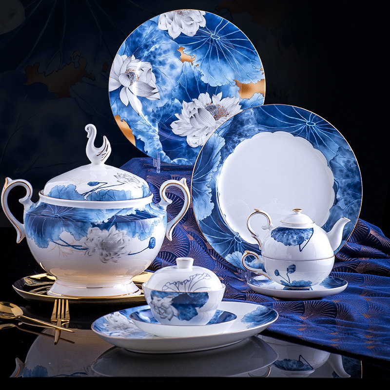 Bowl Dish Suit Home New Chinese High-end Bone China Cutlery Cutlery Suit Jingdezhen Green Flower Porcelain Ceramic Bowl Tray Combination