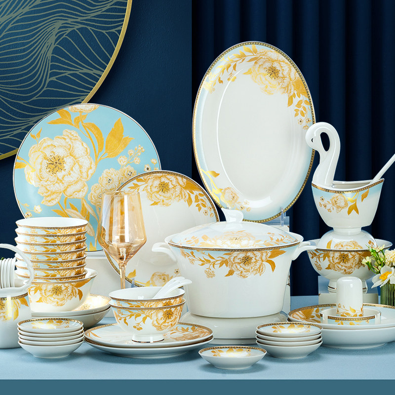 Dish suit Home Jingdezhen Ceramic Bone China Porcelain Tableware Suit Phnom Penh Bowl New Chinese Bowl Chopsticks Creative Gifts