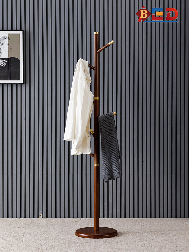 New Chinese style coat and hat rack solid wood floor hanger bedroom Nordic light luxury style creative brass entry hanger home
