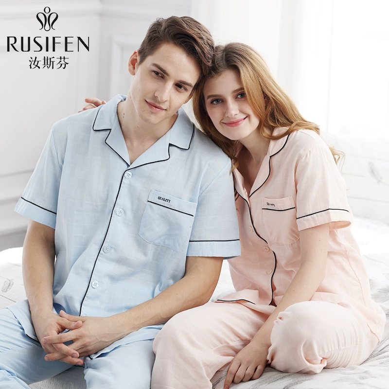 Đồ ngủ couple mùa hè cotton ngắn tay hai mảnh size lớn chữ rời có thể đi chơi nam nữ hàn quốc phục vụ tại nhà - Bên ngoài ăn mặc