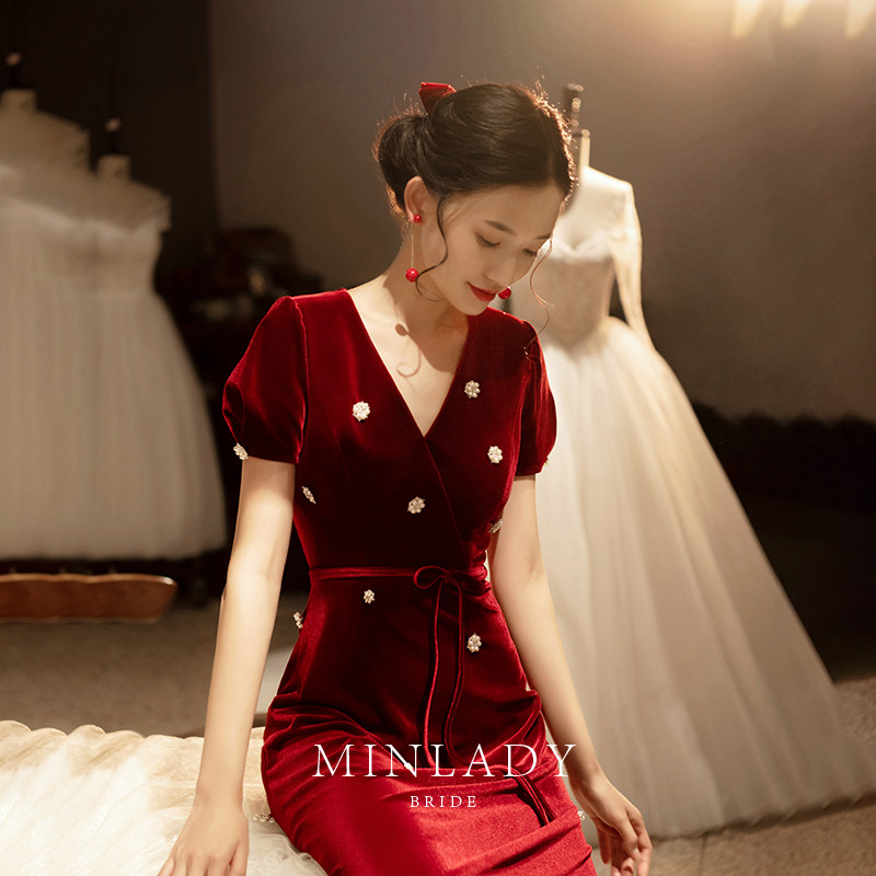 Monica toast dress bride 2021 new velvet cheongsam summer engagement women red small dress skirt