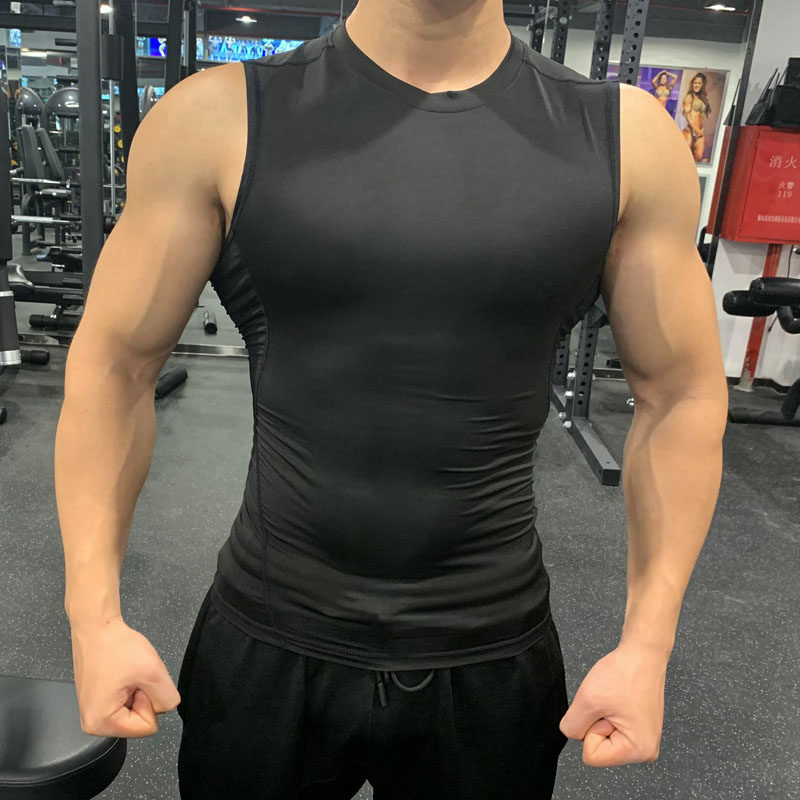 Fitness Suit Men Tight Vest Sleeveless Sports Elastic T-shirt Speed Dry Breathable Running Training Kan Shoulder Fitness Vest