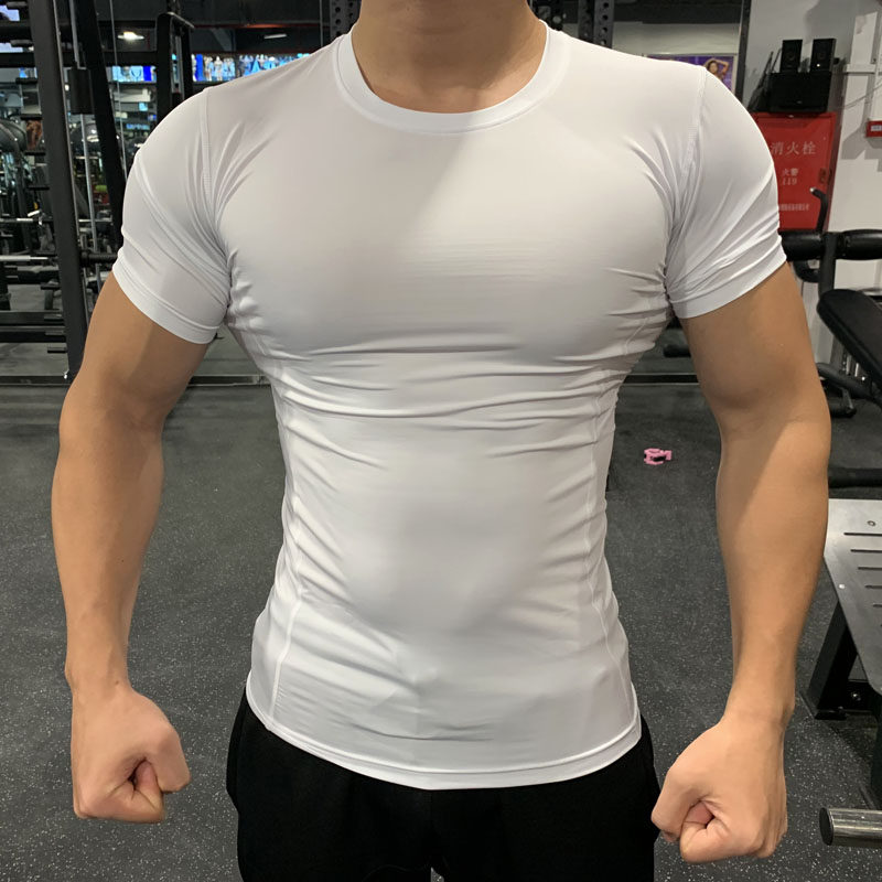 Men's fitness Sports tight fit Running training speed dry breathable pure white T-shirt Body Short Sleeve Private Coaching Clothing