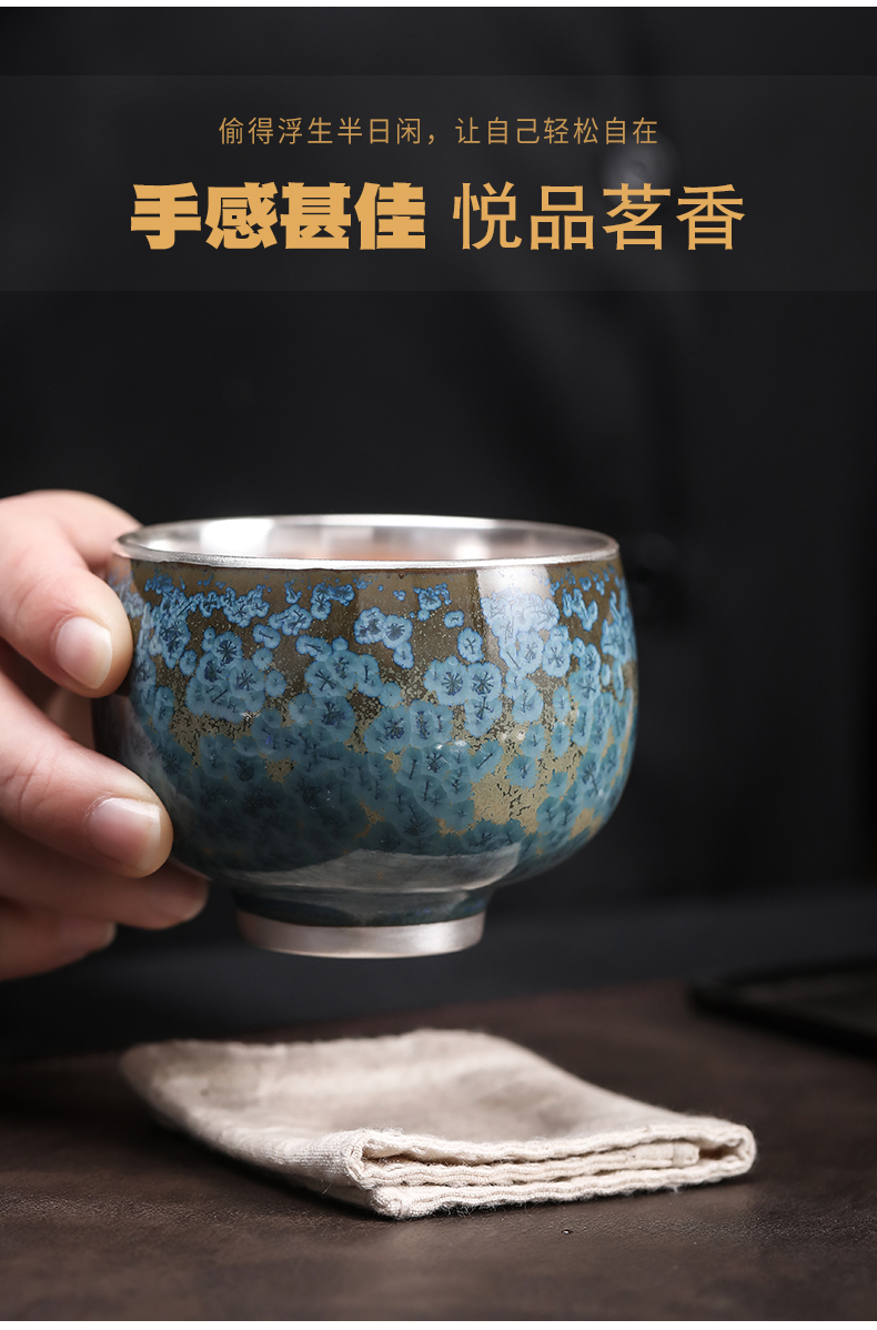 Taiwan floating cui aquamarine temmoku up gold silver cup spot ceramic kung fu tea set sample tea cup tea master silver cup