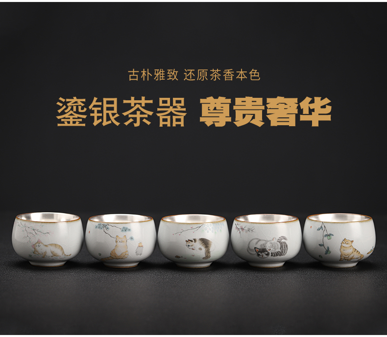 Tasted silver gilding on your up hand - made master cup sample tea cup of jingdezhen ceramic cat kung fu tea set silver cup tea cups