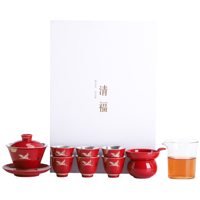 Rui crane GongTingLiu silver tea tureen tea cups set jingdezhen ceramic kung fu tea tea silver cup