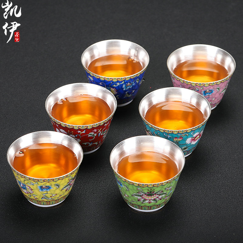Colored enamel coppering. As 999 silver cup kung fu tea set sample tea cup of jingdezhen ceramic tea cup silver cup home