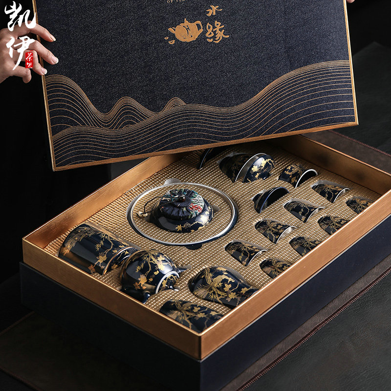 Tasted silver gilding kung fu tea set jingdezhen ji blue see colour tea tea set household ceramics office gift boxes