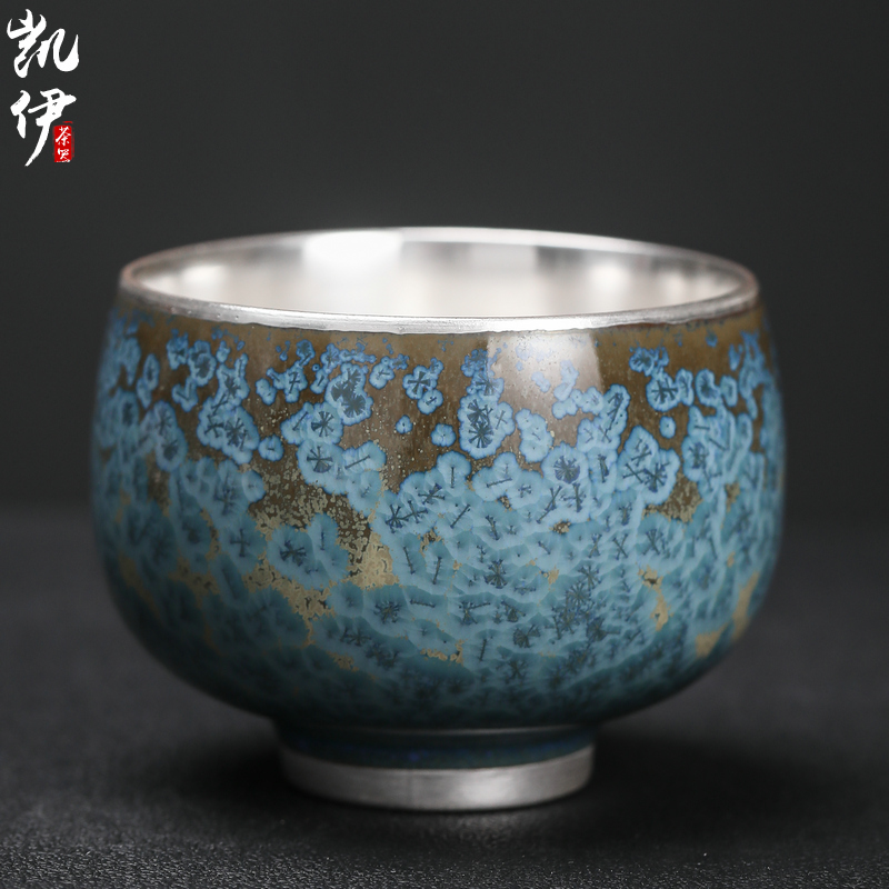 Taiwan floating cui aquamarine temmoku up gold silver cup spot ceramic kung fu tea set sample tea cup tea master silver cup