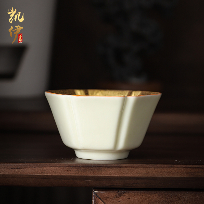 Pure manual Huang Yayu jinzhan ceramic cups porcelain fine gold master cup household sample tea cup individual cup of yellow marigold