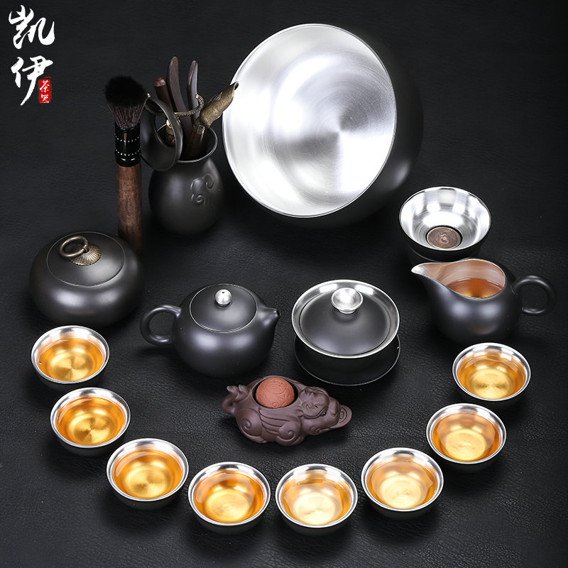 Undressed ore purple sand tea tasted silver gilding kung fu tea sets, home office 999 contracted teapot tea cups